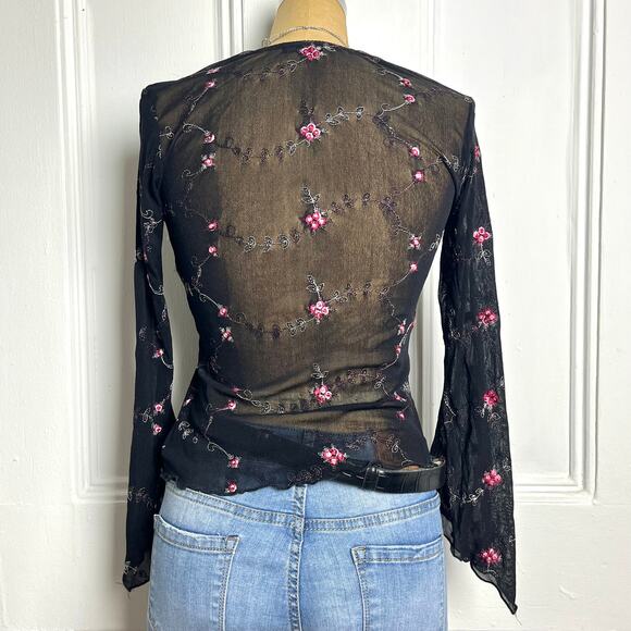 Hourglass Whimsygoth grunge black long sleeve top flared sheer sleeves floral - Picture 6 of 8